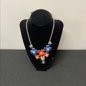 Blue and Red Floral Necklace with Gold Chain